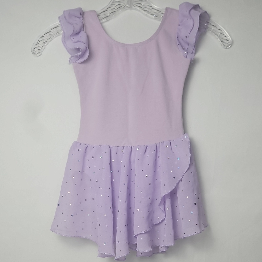 Girl's Arshiner Purple Dance Leotard Ruffled Cap Sleeve Tutu Glitter Skirt T7